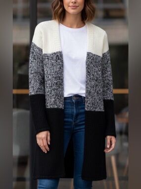 Rena Rowan Black & White Wool Blend Open Front Cardigan Size Small Petites